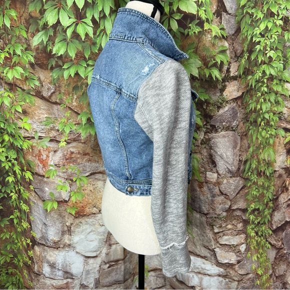 FREE PEOPLE Washed Denim Jacket with Heathered Gray Sleeves, XS - Picture 6 of 9